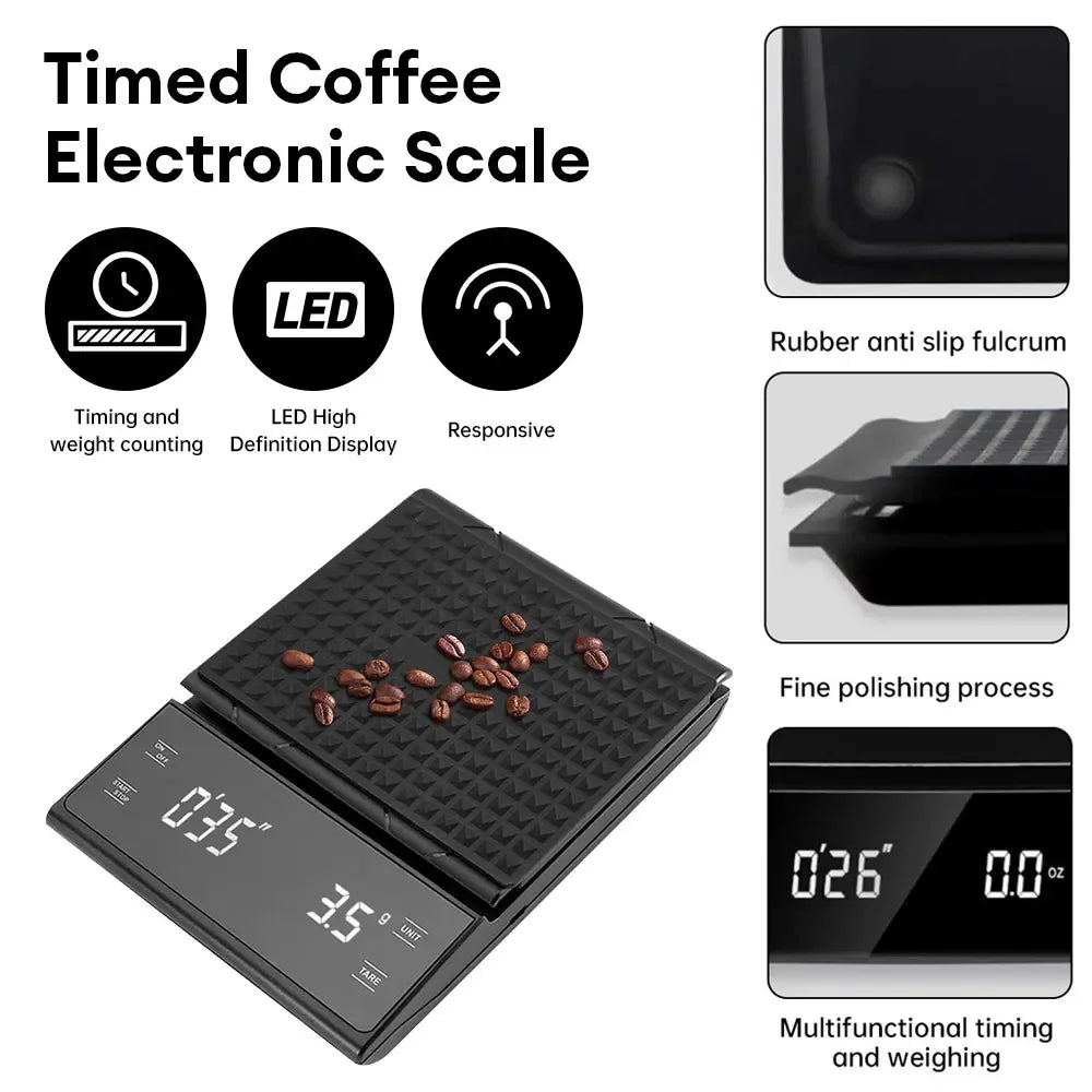 3kg/0.1g Precision Coffee Scale with Timer LCD Digital Kitchen Scale Multifunction Weighing Scale Pour Over Drip Coffee Scale