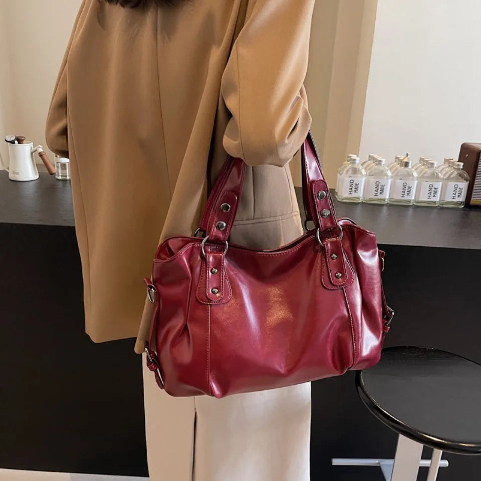 Retro Brand Roomy Shoulder Bag Female Luxury Solid Color Classic Crossbody Bag Large Capacity Style Soft PU Leather Tote Bag