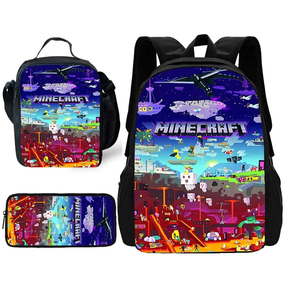Child School Backpack Game Mine World M-MINE-CRAFTES with Lunch Bags ,Pencil Bags ,School Bags for Boys Girls Best Gift