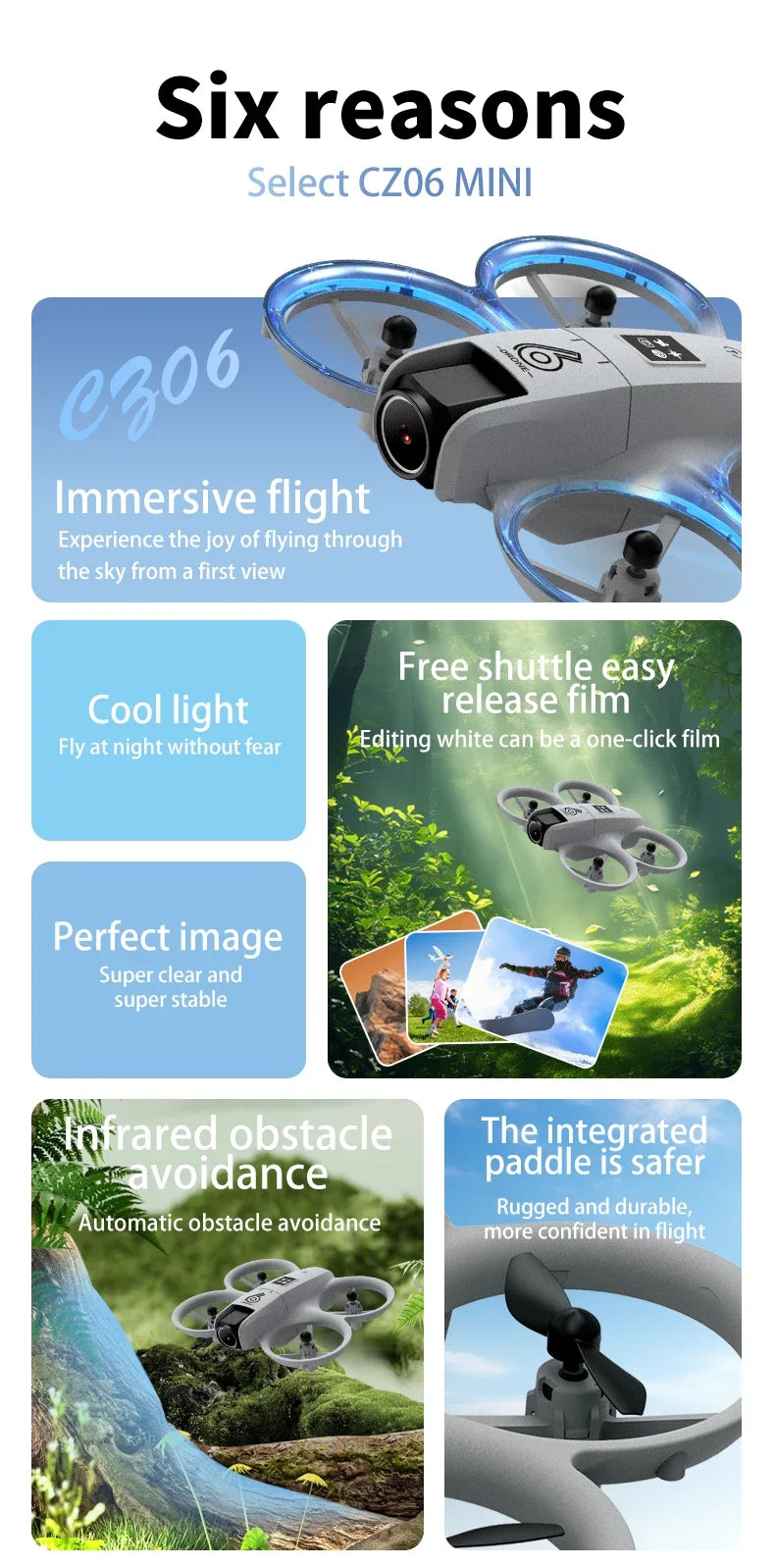 CZ06 Mini RC Quadcopter Drone - 480P HD Dual Camera, Obstacle Avoidance, Optical Flow, Cool Lights - Perfect Toy Gift for Kids