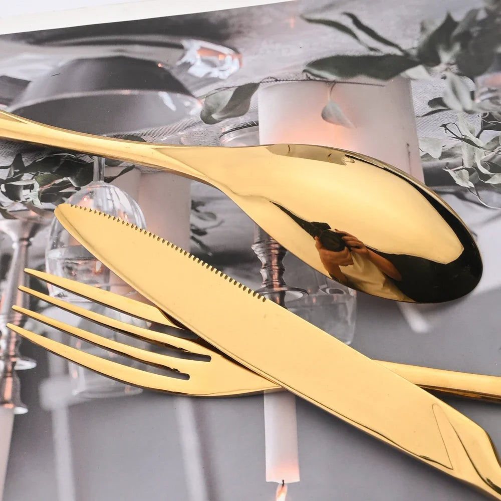 24Pcs/Set  Cutlery Sets 304 Stainless Steel mirror Tableware Knife Forks Spoons Silverware Dinnerware Kitchen Flatware Gift Box