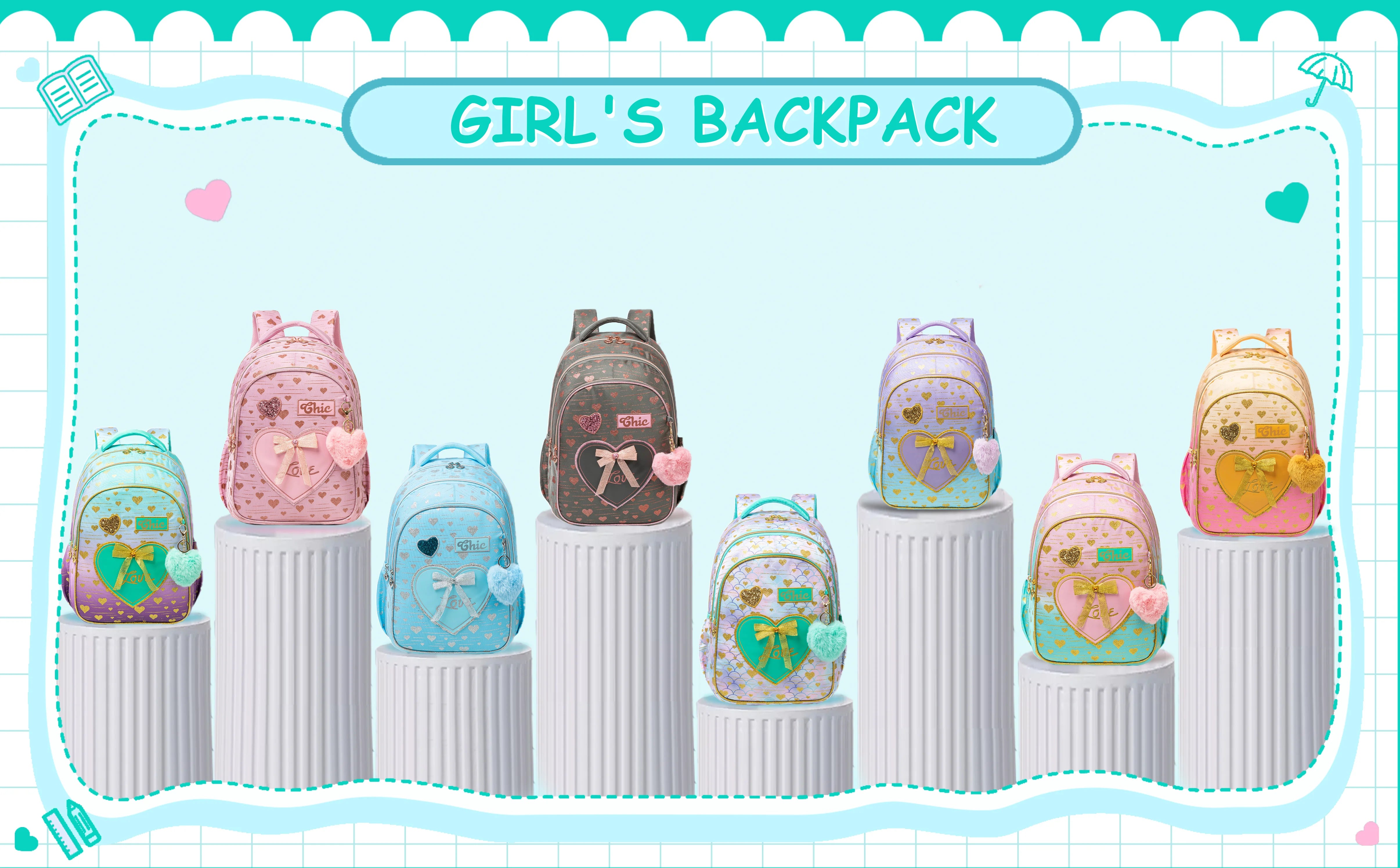 New Bowknot Ribbon Backpack Girls Backpack with Lunch Bag and Pen Bag for Elementary School for Picnic Travel Best Gift