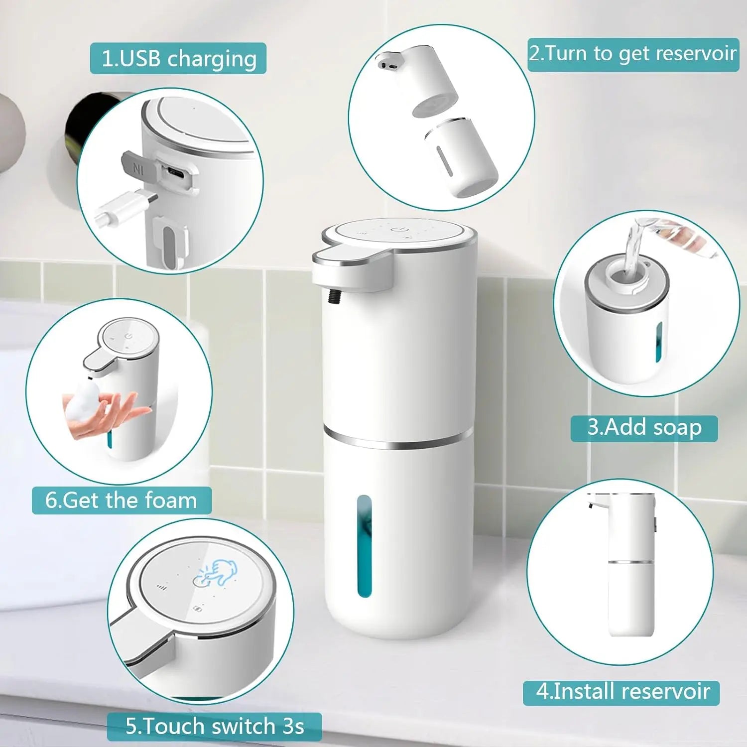 Automatic Soap Dispenser Touchless Foaming Soap Dispenser 380ml USB Rechargeable Electric 4 Level Adjustable Foam Soap Dispenser