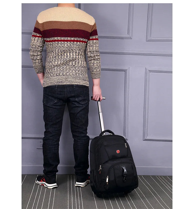 Men Trolley Backpack Shoulders Travel Bag with Wheels 24 Inch Students Rolling Luggage Business Trolley Large Capacity Suitcases