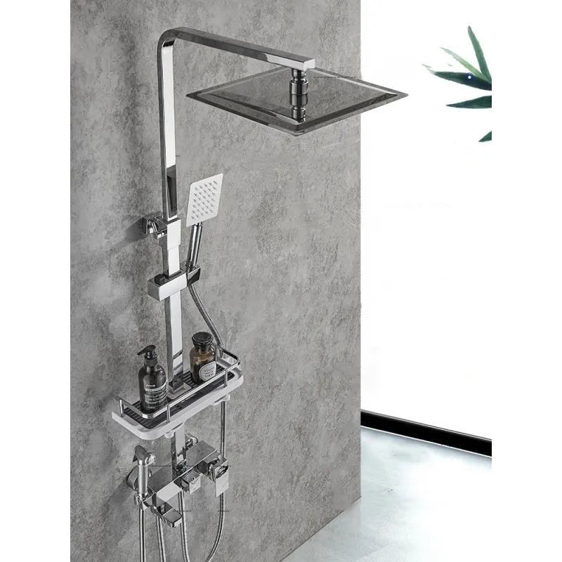 KEMAIDI Rainfall Bathroom Shower Faucet Set With Rack Shelf Bathtub Mixer Tap Black Wall Mounted Brass Bath Cabin System