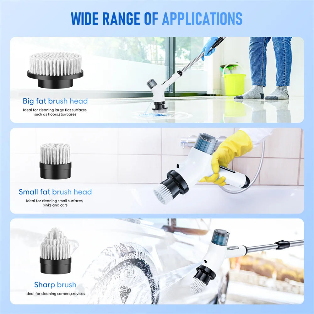 Cordless Electric Spin Scrubber Cleaning Brush with Spray Function Shower Cleaning with 7 Brush Heads 3000mAH Battery 2 Speeds