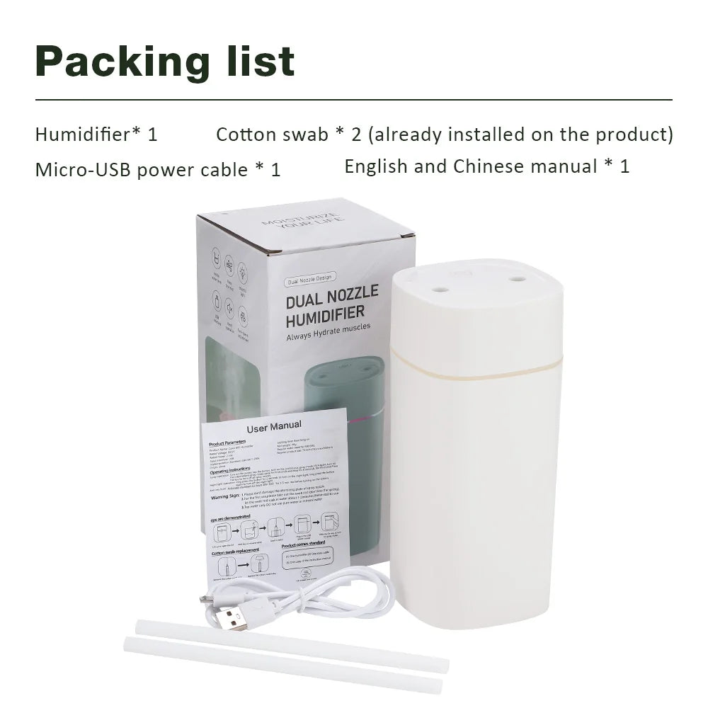 600ML Air Humidifier Double Spray Port Essential Oil Aromatherapy Diffuser Mute Atomizer Colorful Lights For Home Office Car