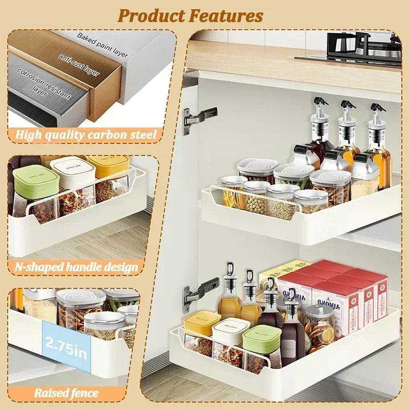 ZEXEF Kitchen Storage Box with Sliding Rail Pull-out Cabinet Storage Rack Spice Pantry Shelves Drawer Kitchen Organizer Basket