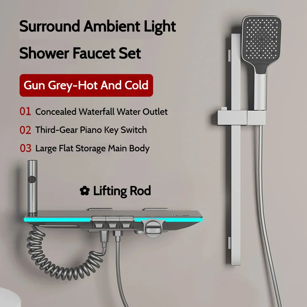 Grey Brass Waterfall Wall Mount Smart Temperature Digital Display Bathtub Faucet Bathroom Faucet Bath Shower Faucet Mixer Crane