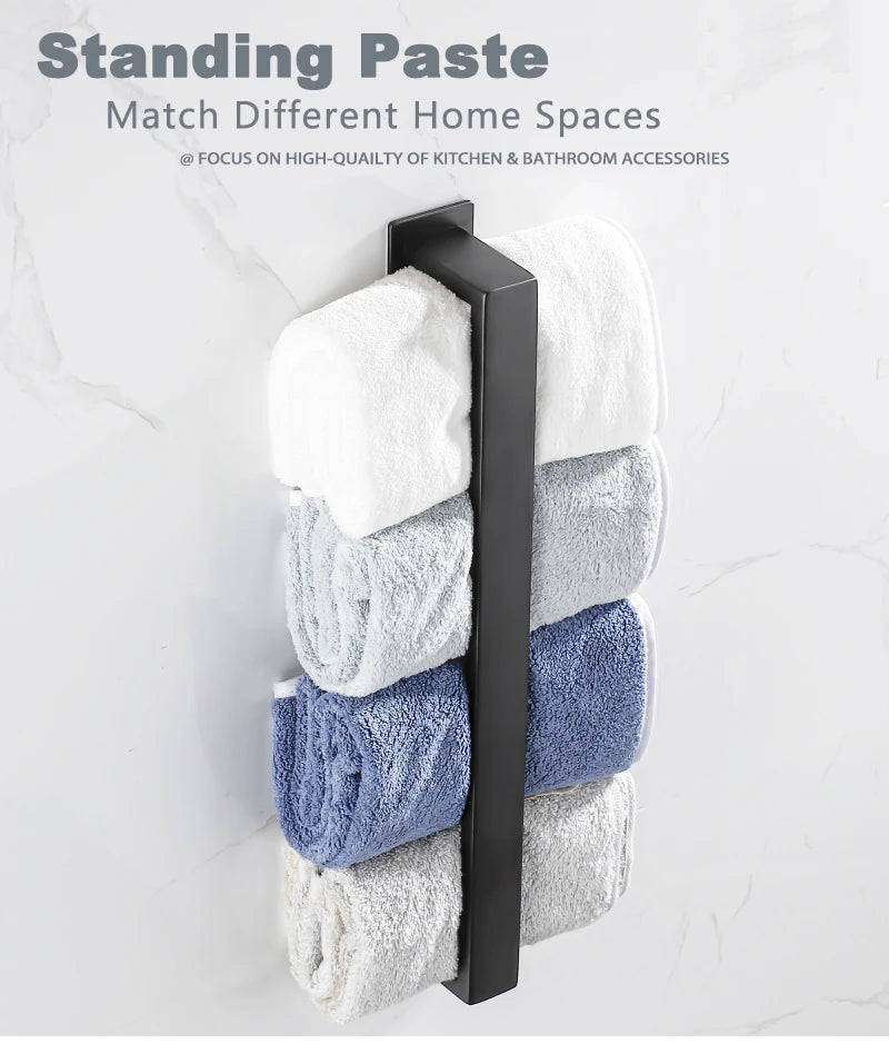 Black Stainless Steel Towel Holder No Drill Wall Shower Towel Shelf Kithchen Towel Hanger Rail Bathroom Towel Rack Self Adhesive