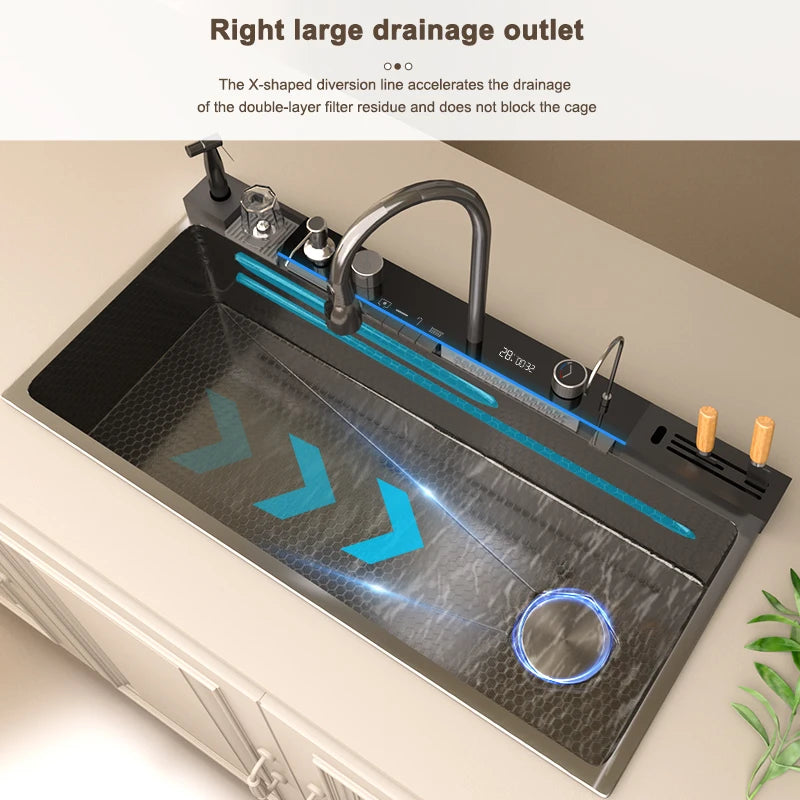 Kitchen Sink Stainless Steel Waterfall Sinks Extra Large Single Slot with Digital Display Faucet Set For kitchen