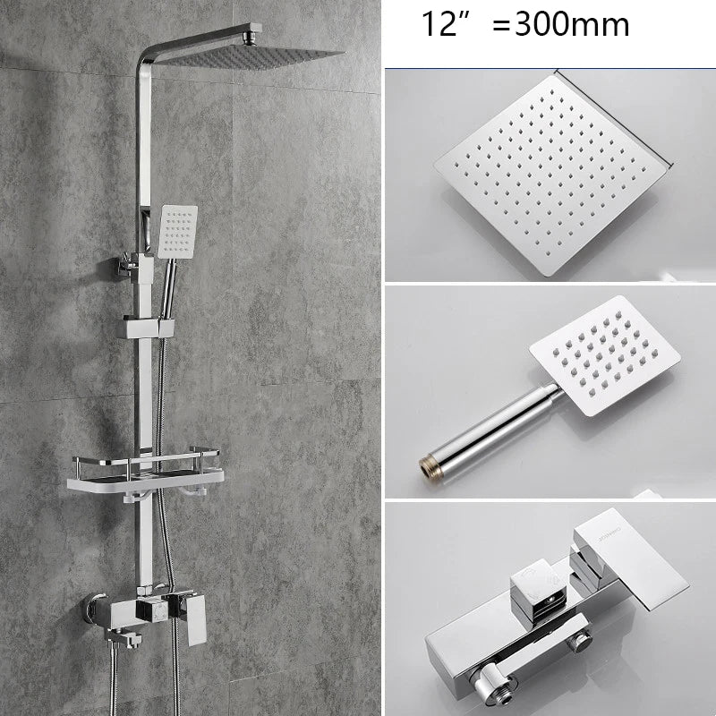 KEMAIDI Rainfall Bathroom Shower Faucet Set With Rack Shelf Bathtub Mixer Tap Black Wall Mounted Brass Bath Cabin System