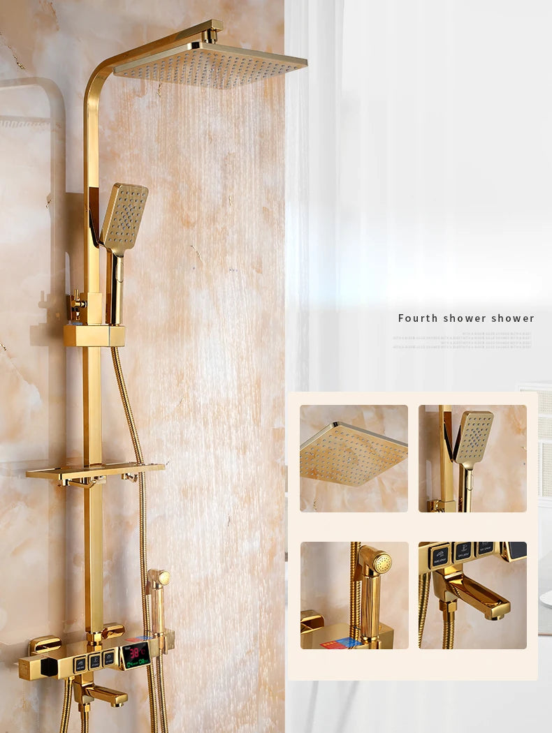 Thermostatic Digital Bathroom Shower Set Rainfall Shower Head Brass Bathroom Faucet Accessories Hot Cold Digital Shower System