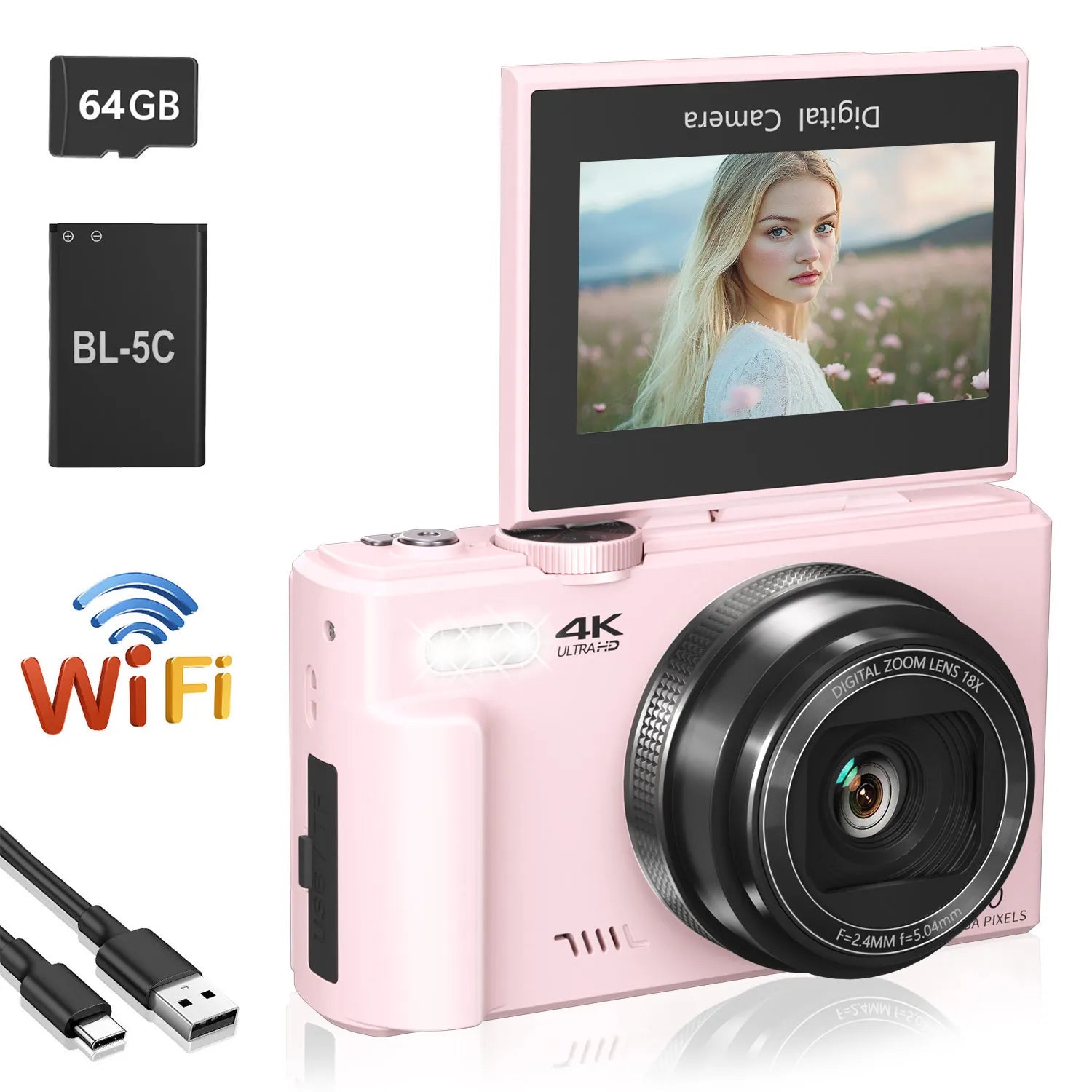 4K compact digital photography camera, 18x digital zoom, vintage vlog video recorder for YouTube, 180° flip screen, WiFi webcam