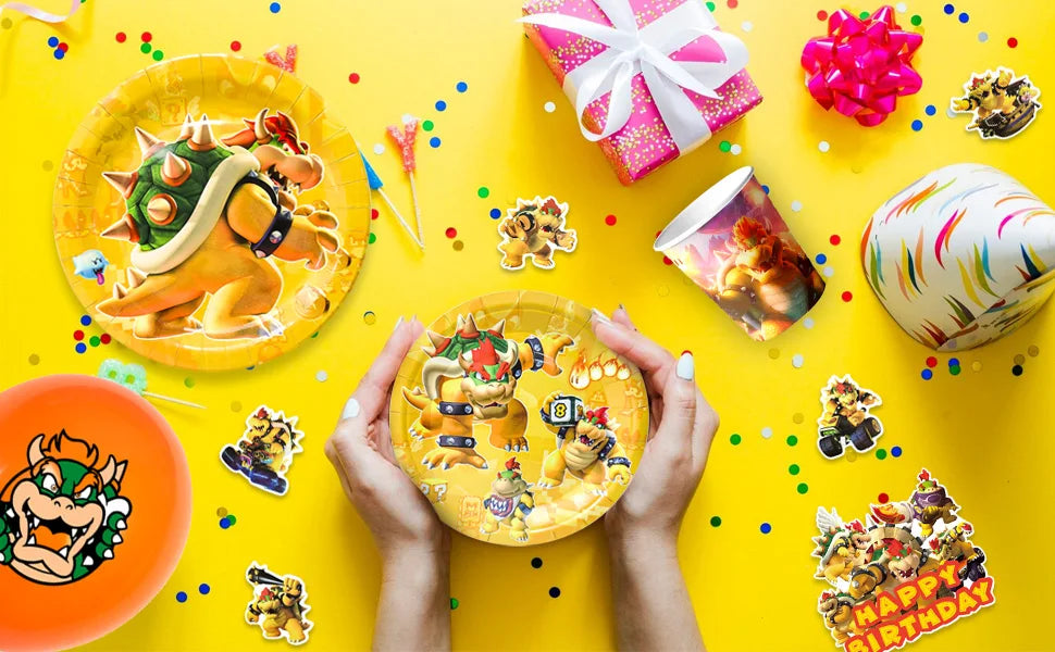 Party Supplies for Bowser Birthday,112pcs Decorations for King Kuppa party Banner,Plates,Cake Toppers,Tablecloths,Backdrop etc.
