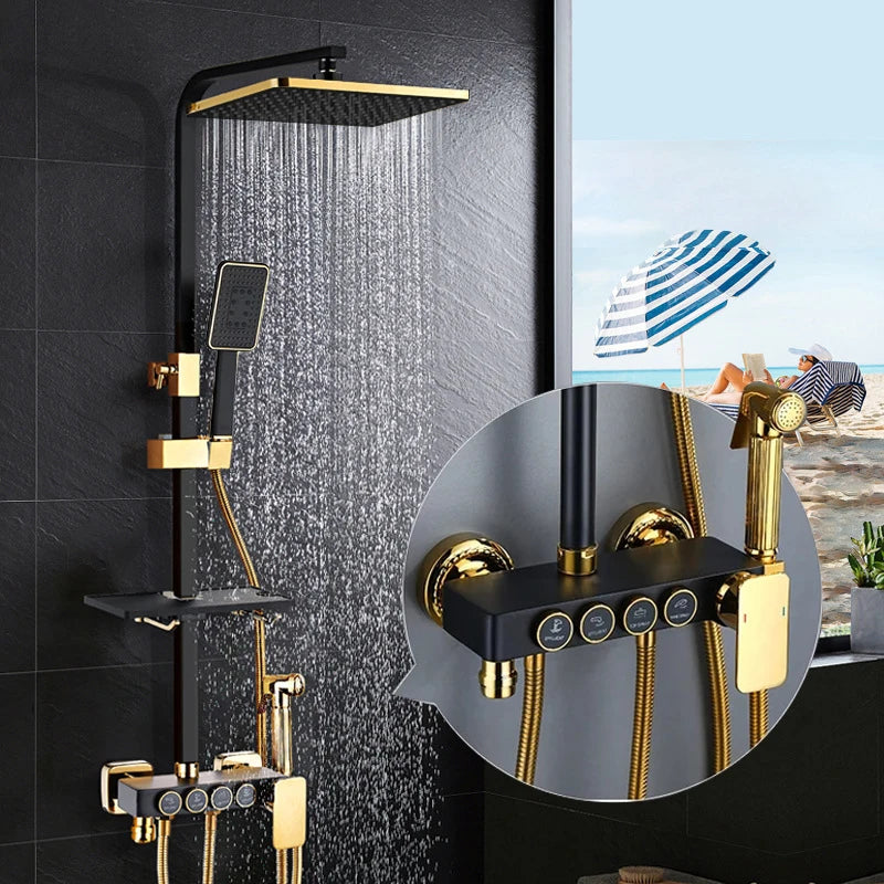 KEMAIDI Black Gold Shower Faucet Set Bathtub  4-way Mixer  Tap with Bidet and Shelf  Bathroom Rainfall Shower Systerm Wall Mount