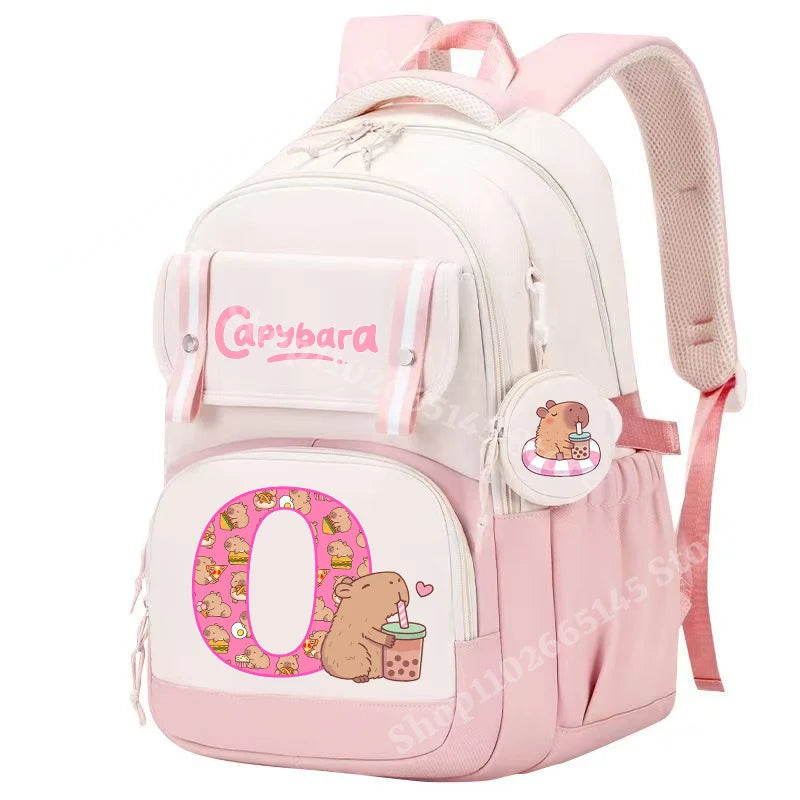 Capibara Cute Backpack Girl Anime Capybara Letter A-Z School Bags Kids Outdoor Sport Shoulders Bag Travel Rucksack Children Gift