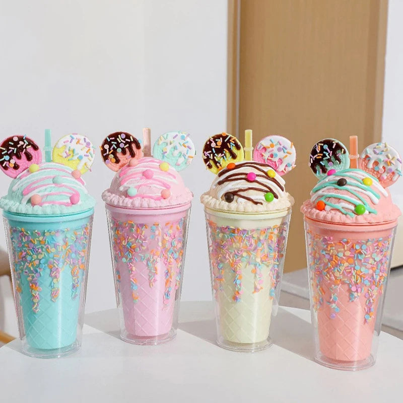 450ml Cute Straw Cup,Ice Cream Lids for Stanley Tumbler,Reusable Plastic Cups,Summer Drinkware Cold Brew,Girl Water Bottle Gift