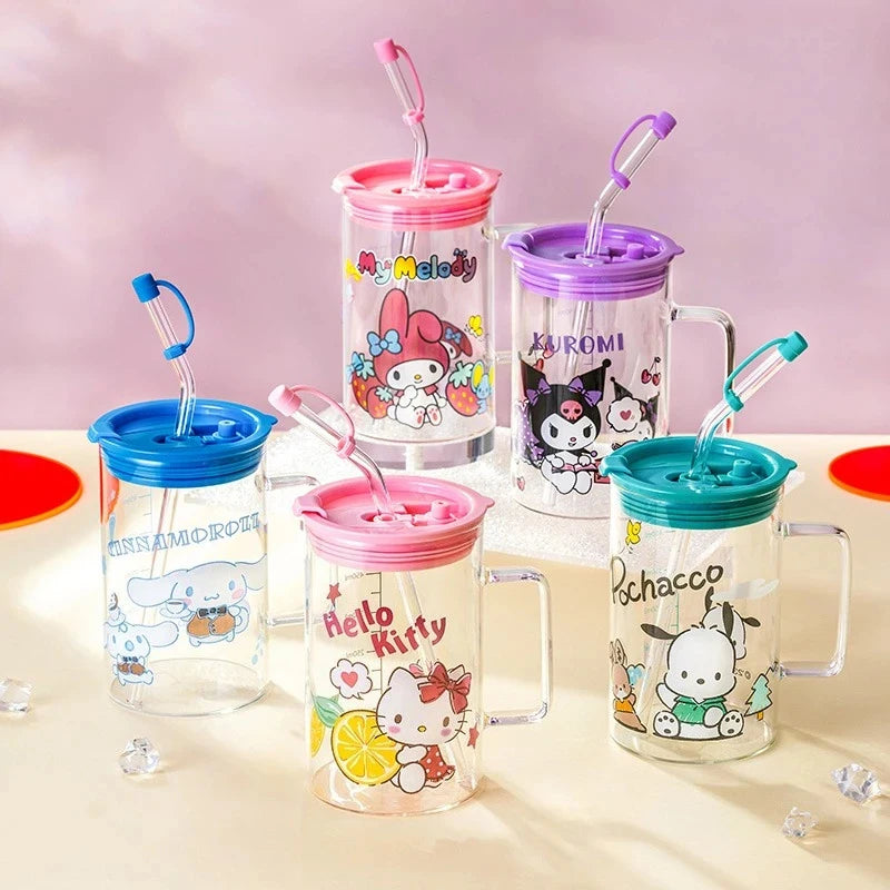 For Sanrio Collaboration Straw Glass Cup Transparent Coffee Mug Cartoon Print Water Cup with Scale＆Handle Home/Office Drinkware