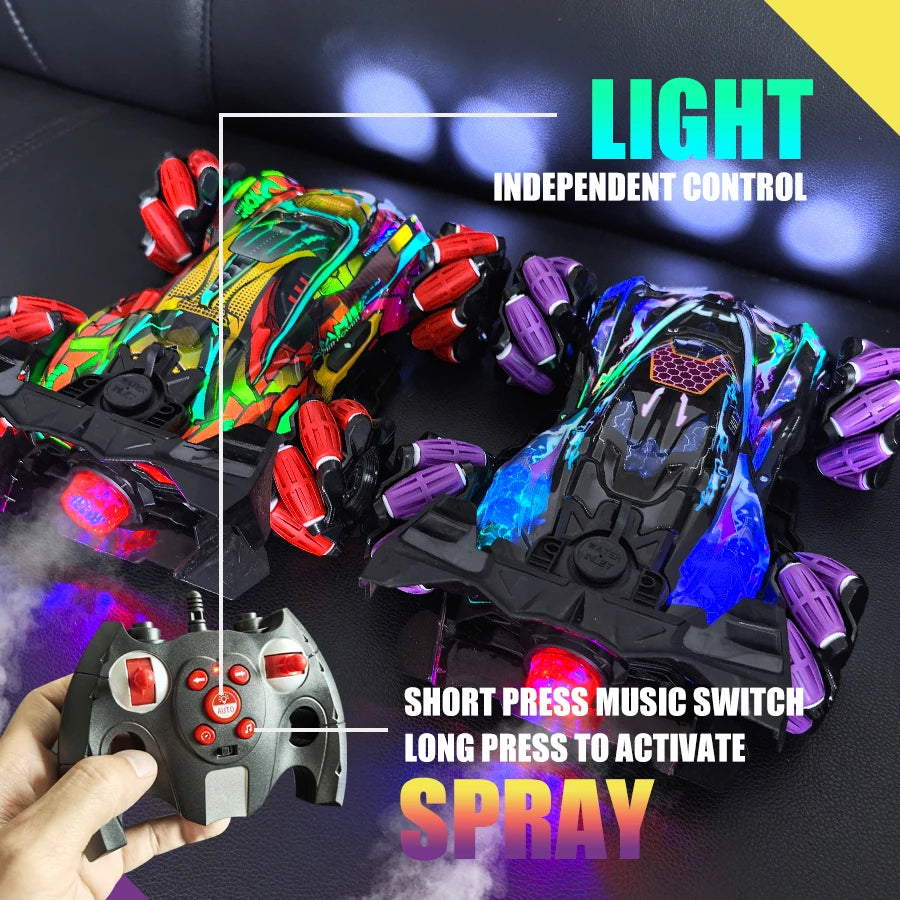 4Wd Rc Stunt Car with Sprayer & Namu Wheels, 2.4g Remote Control Drift Vehicle, Colorful Led Lights & Sound Off-Road Toys Gift F