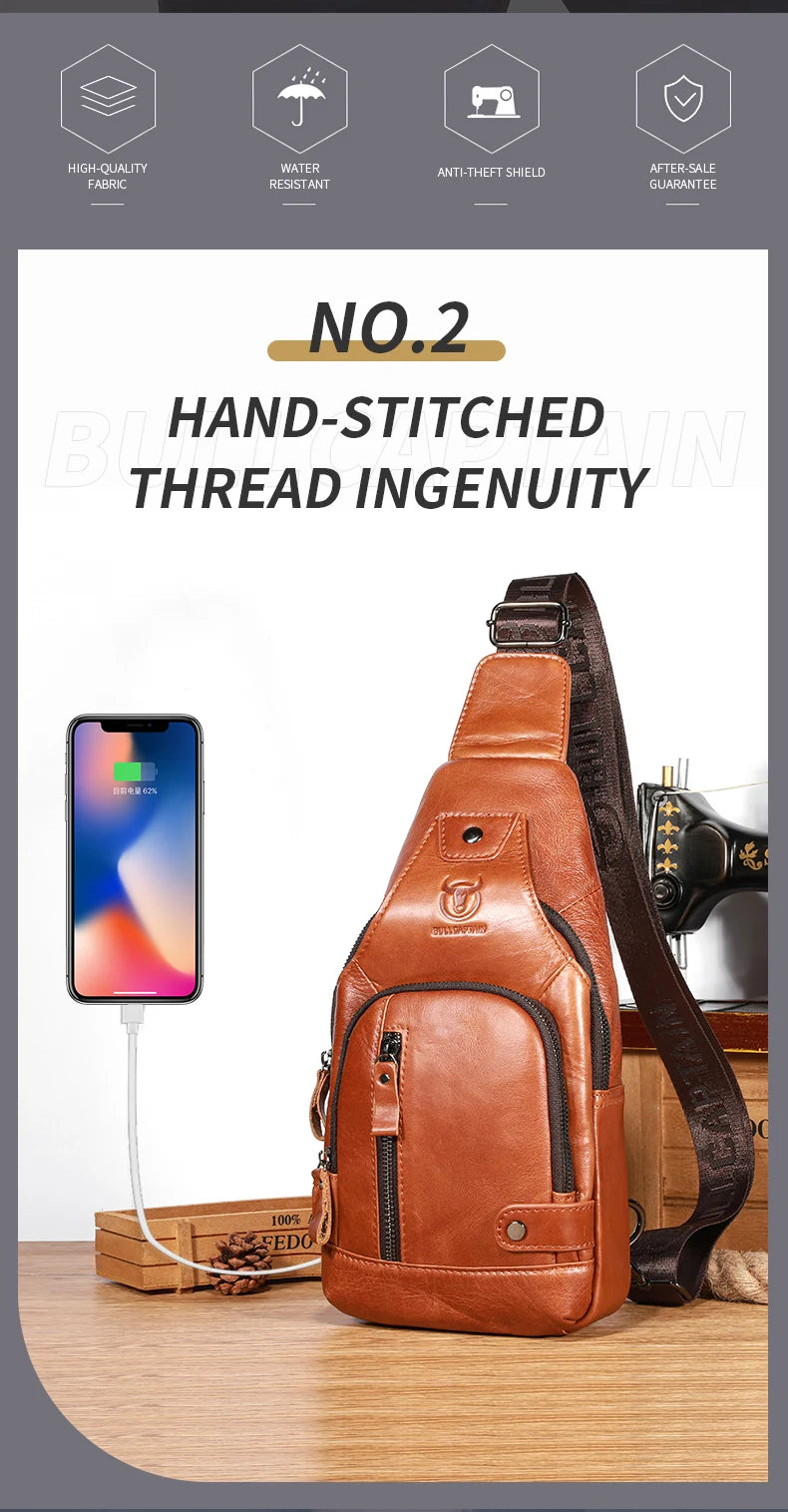 Bullcaptain Leather Large Capacity Chest Bag Men's Shoulder Bag with USB Port for Outdoor Casual Activities