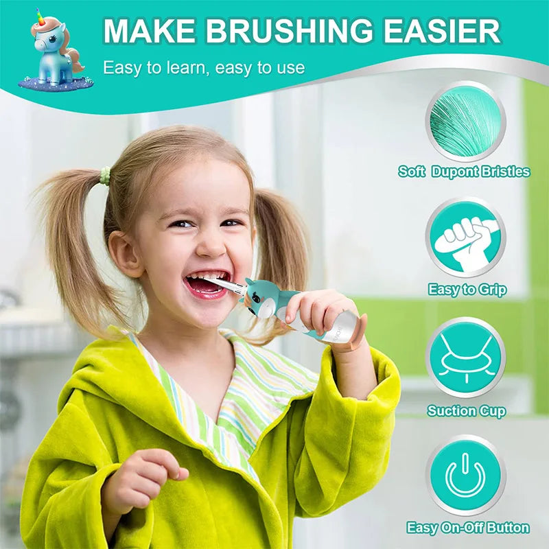 Toddler Sonic Electric Toothbrush for Baby with Cute Unicorn Cover and Smart LED Timer Soft Microfiber Bristles 4 Brush Heads