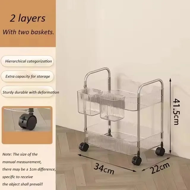 3 Layers Transparent Storage Rack Trolley Acrylic Rolling Cart with Hanging Basket Bathroom Acrylic Makeup Bookshelf organizer