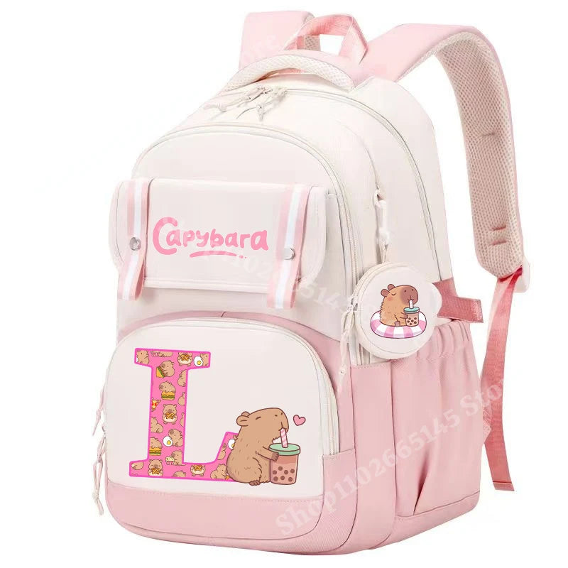 Capibara Cute Backpack Girl Anime Capybara Letter A-Z School Bags Kids Outdoor Sport Shoulders Bag Travel Rucksack Children Gift