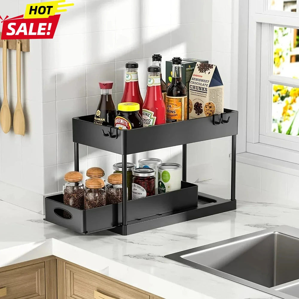 Two-tier Pull-out Sink Base Storage Cabinet with Sliding Baskets and Hooks, Suitable for Bathroom and Kitchen Storage