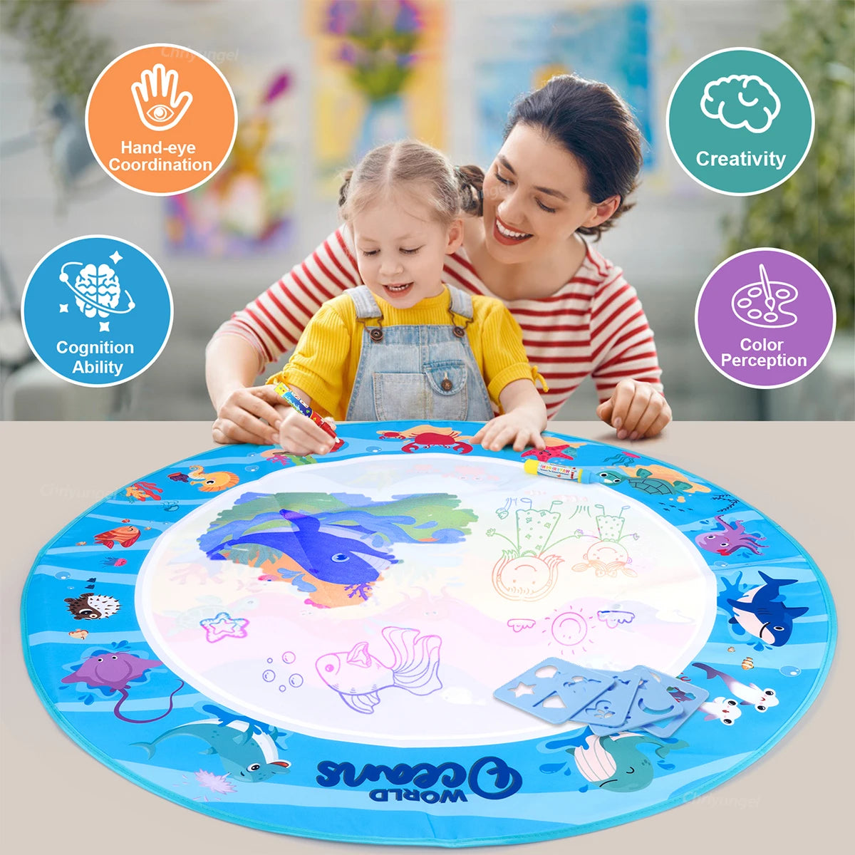 No Mess Kids Water Drawing Mat  Doodle Coloring Board with Magic Pens & Stamps Educational Montessori Toy Gift for Boys Girls