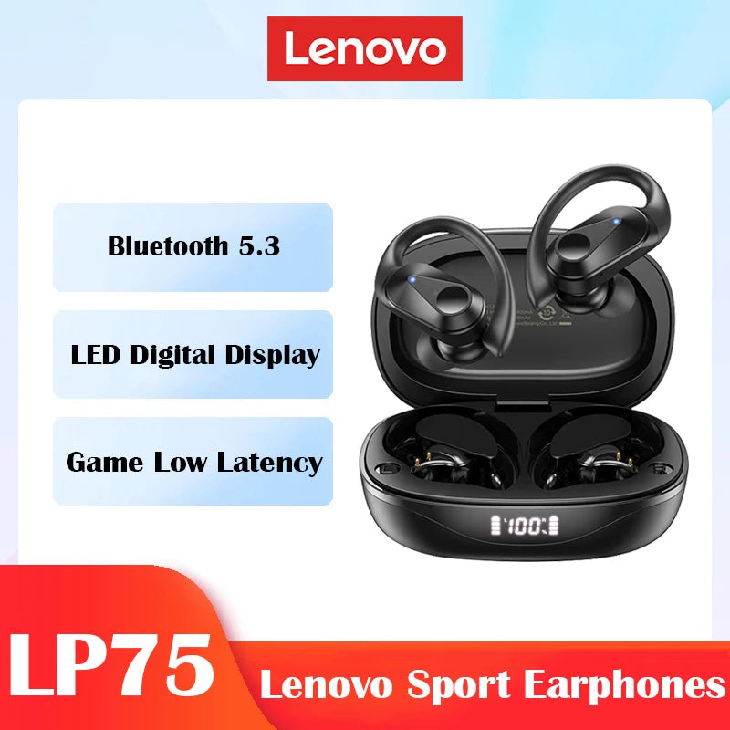 Choice Lenovo LP75 TWS Wireless Bluetooth V5.3 Earphones IPX5 Waterproof Ear Hook Earbuds HiFi Stereo Noise Reduction Headphones