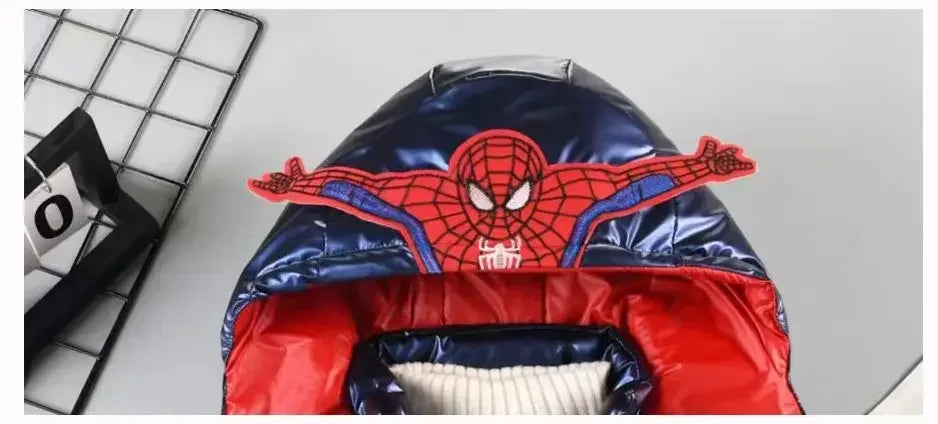2025 Winter Kids Down Jacket Baby Boy Cartoon Spiderman Thicken Cotton-Padded Warm Hooded Parka Coat Children Clothing Outerwear