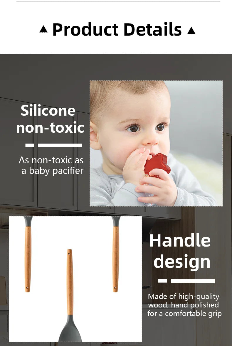 12pcs/set, Silicone Cooking Utensils Set With Wooden Handle, Colorful Non-stick Pot Special Cooking Tools Set, Heat Resistant