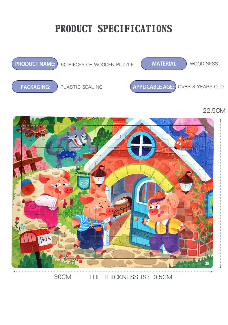 Clearance_60PCS Wooden Jigsaw Color 3D Puzzle Cartoon Characters Animal Early Educational Learning Logical Thinking Focus Puzzle