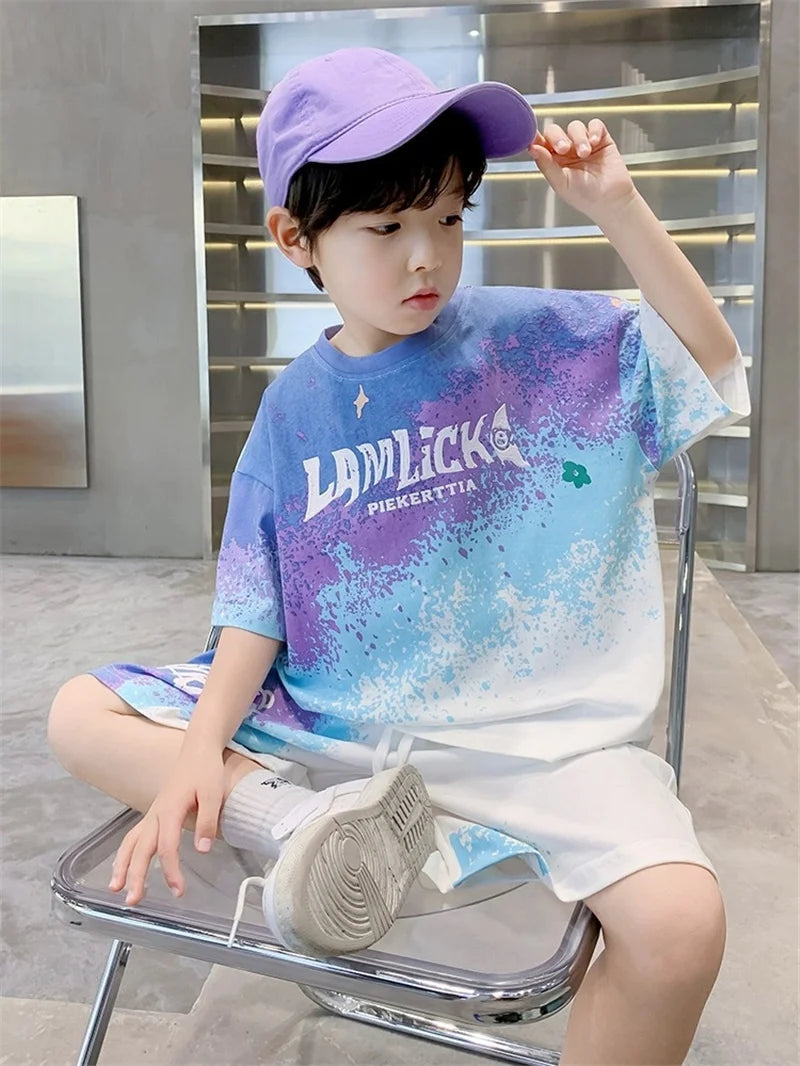 Boys Loose Casual Sets Summer Teen Gradient T-shirts+Shorts 2Pcs Big Kids Sport Short Sleeve Clothes Suits Children Print Outfit