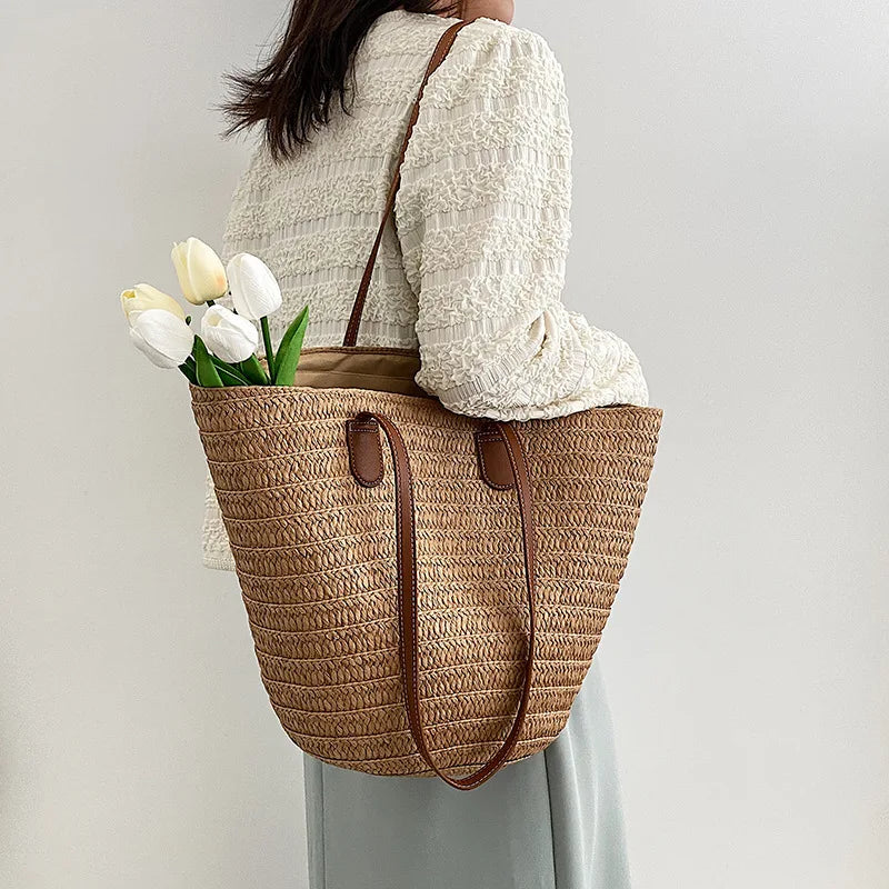 Women's Large Capacity Shoulder Bag Summer Straw Woven Basket Handbag Fashion Female Luxury Designer Beach Bag Bali Shopper Tote