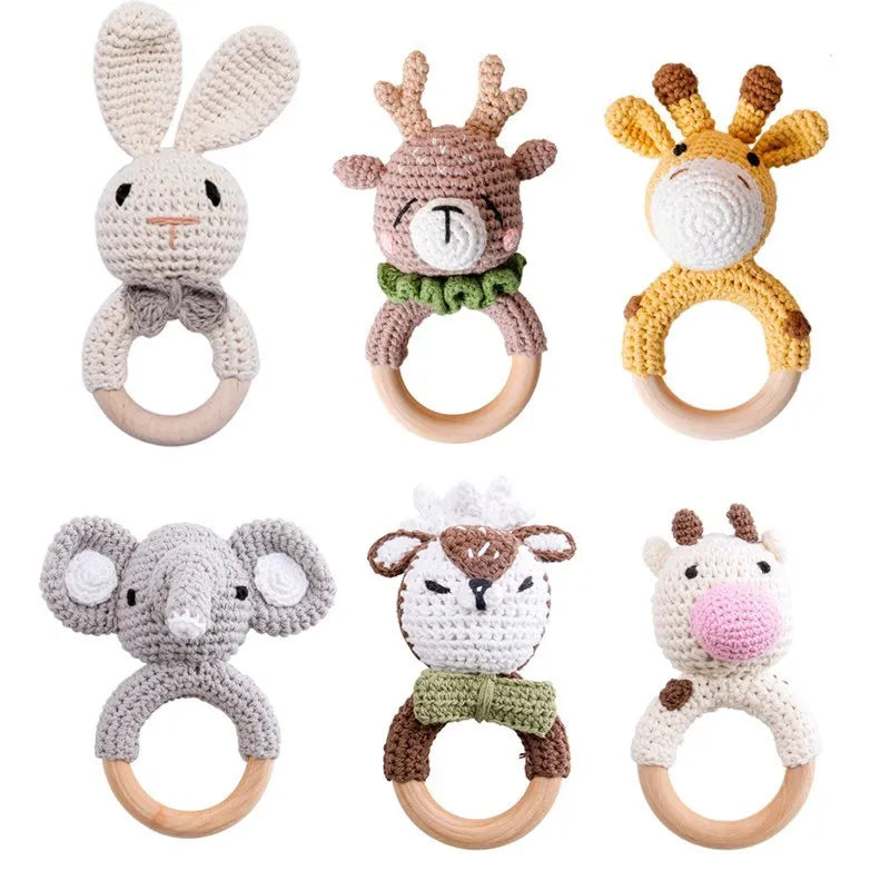 Let's Make Baby Rattles Crochet Bunny Rattle Toy Wood Ring Baby Teether Rodent Baby Gym Mobile Newborn Educational Rattles Toys