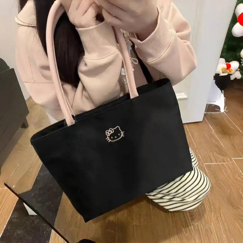 Cute cartoon embroidery large capacity shopping bag, fashionable and versatile shoulder bag, fashionable women's black handbag