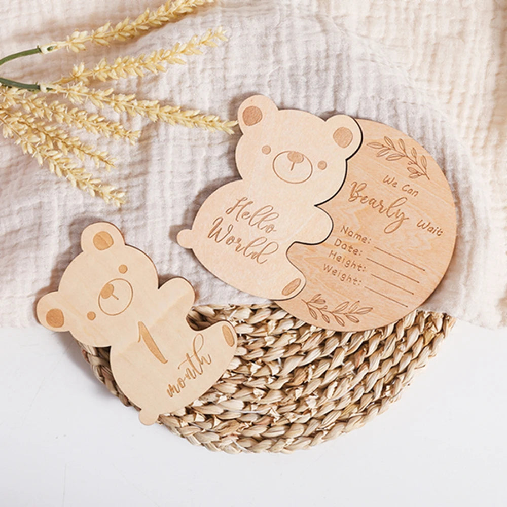 Baby Wooden Milestone Cards Bear Puzzles Memorial Monthly Cards for 0 12 Months Newborn Photography Accessories Birthing Gift