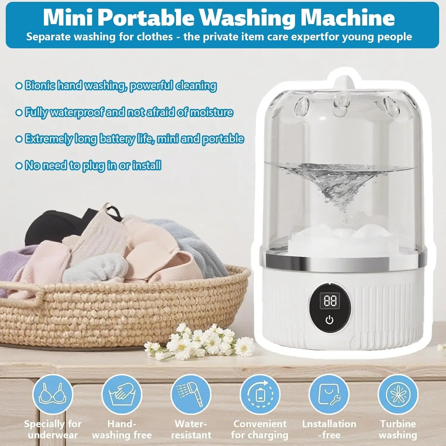 Portable Washing Machine, Underwear Washer, Small Washing Machine, Mini Washing Machine, Rechargeable Cordless Washing Machine