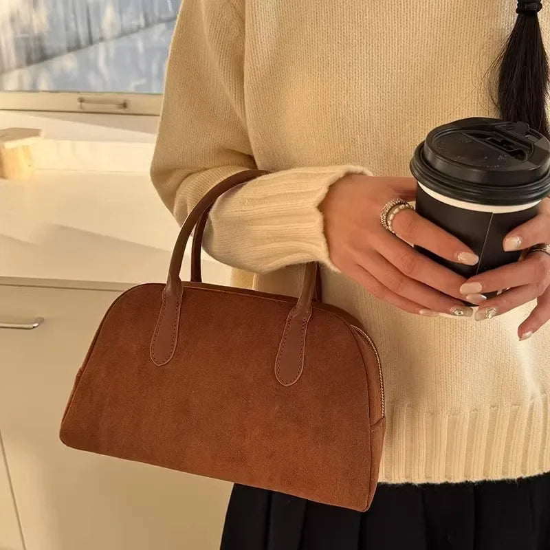Brown Vintage Suede Tote Bag High Quality Designer Luxury Boston Handbag 2025 Winter New in Women's Bags Korean Hand Bag Ladies