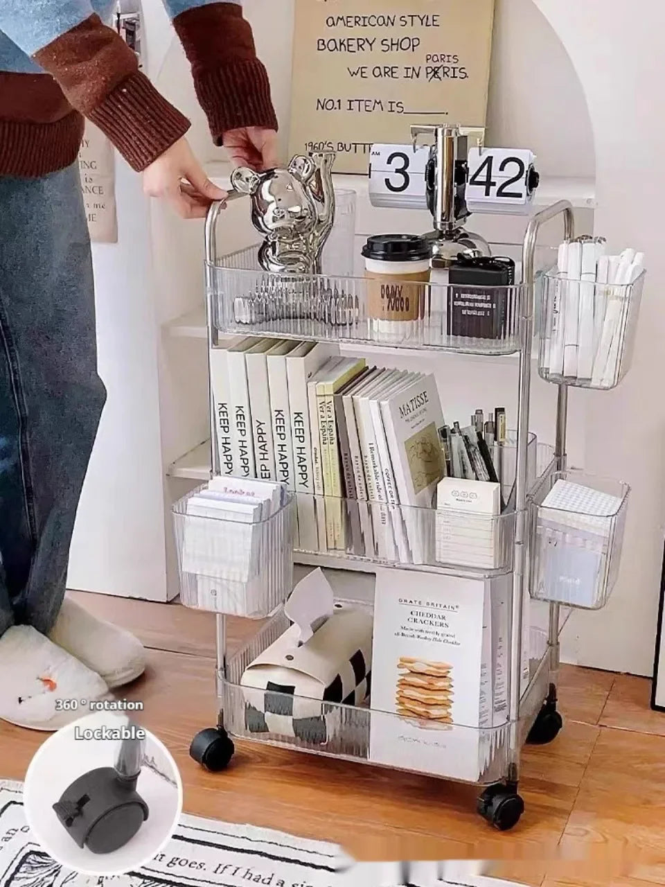 3 Layers Transparent Storage Rack Trolley Acrylic Rolling Cart with Hanging Basket Bathroom Acrylic Makeup Bookshelf organizer