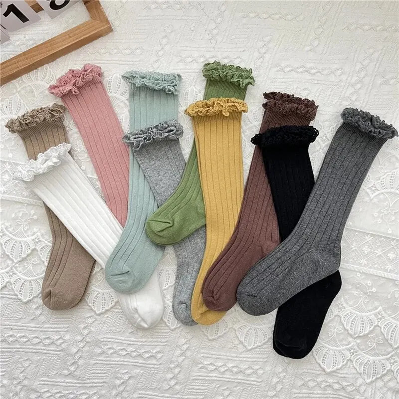 Girls Knee High Socks Baby Kids Toddlers Ruffle Long Soft Cotton Sock Lace Flower Children School Socks