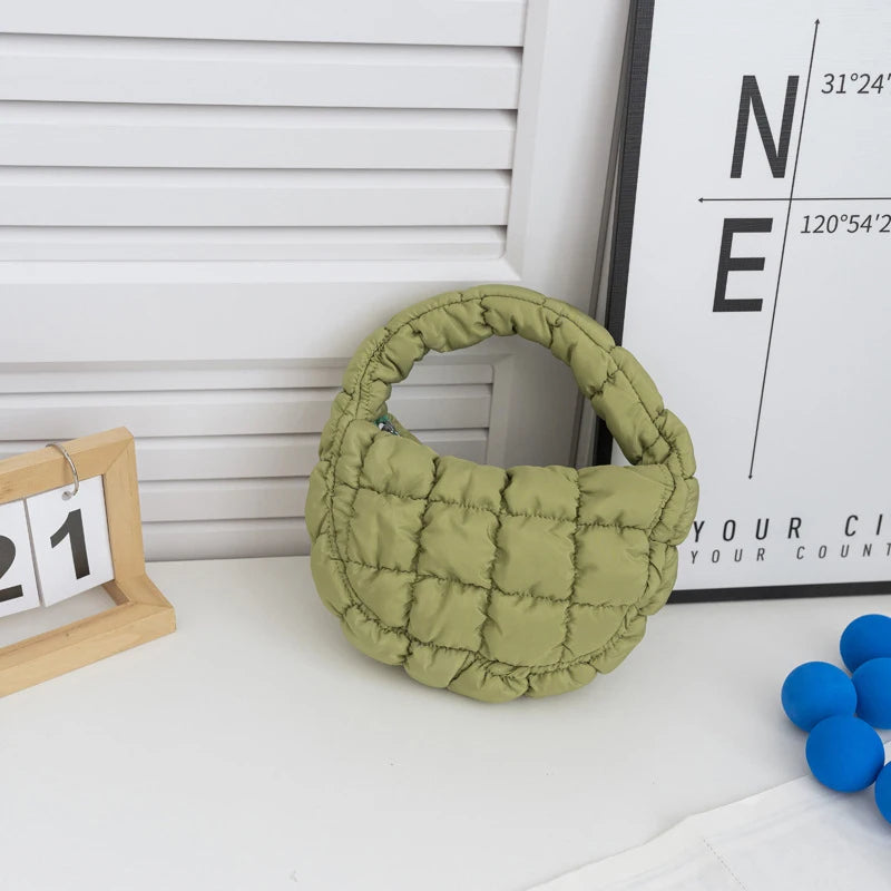 Candy bag Fashion Mini Puffer Tote Bag Quilted Circle Phone Purse  Elegant  Soft Nylon Padded Key Pouch Simple Trend Handbag