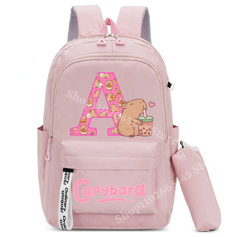 Cute Capibara Kids Backpack with Pencil Case Capybara Kawaii Girls School Bag Stationery Pouch Children Letter A-Z Rucksack Gift