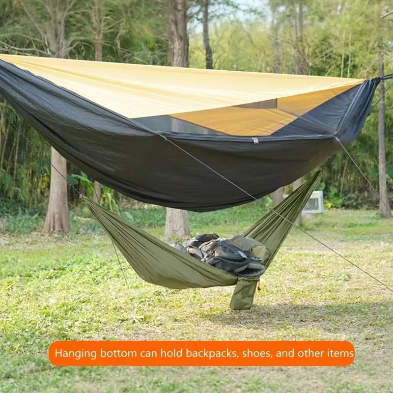 Outdoor 2-in-1 sunshade double-person anti-rollover mosquito-proof hammock, camping quick-opening hammock, with storage hammock