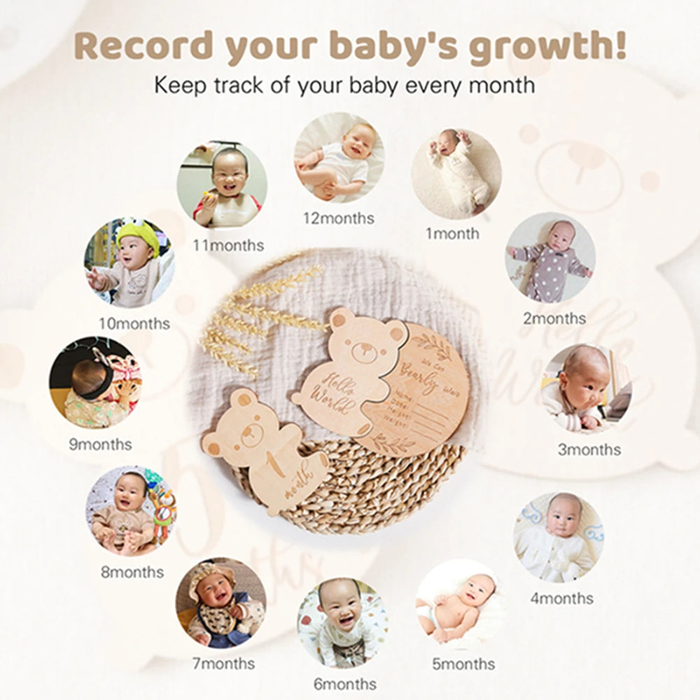 Baby Wooden Milestone Cards Bear Puzzles Memorial Monthly Cards for 0 12 Months Newborn Photography Accessories Birthing Gift