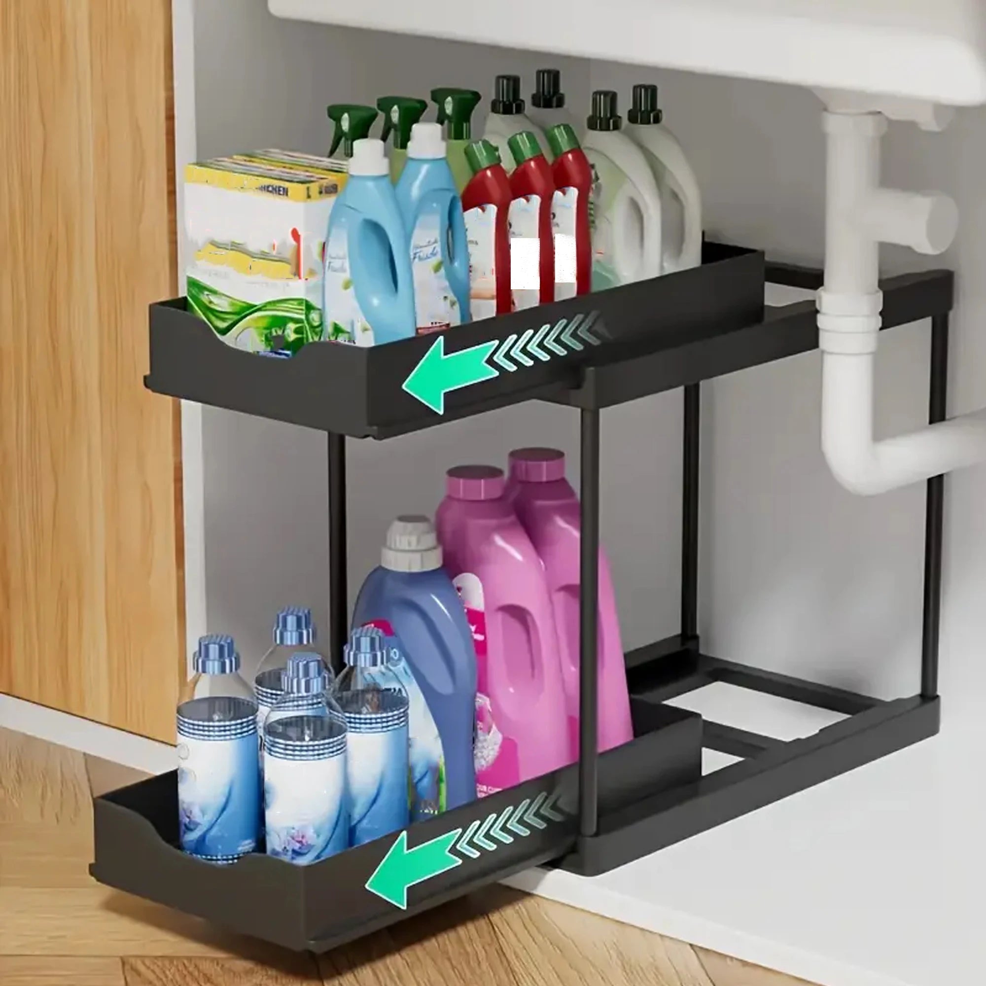 Double-Layer Pull-Out Kitchen Storage Rack, Non-Slip, Stable, Multi-Functional Storage Box with Five Hooks, under Sink Brush, Double-Layer Drawer Storage Rack, Suitable for Kitchen and Bathroom Countertop Sink Storage
