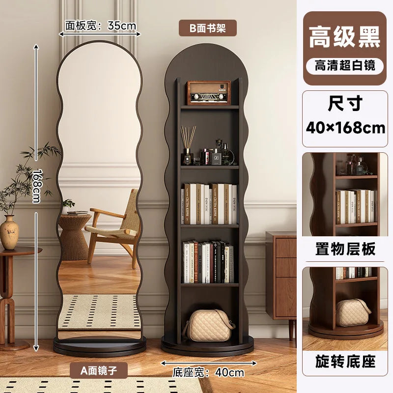 Wave rotating full-length mirror Vertical movable full-body floor mirror Magazine bookshelf Rotating storage fitting mirror