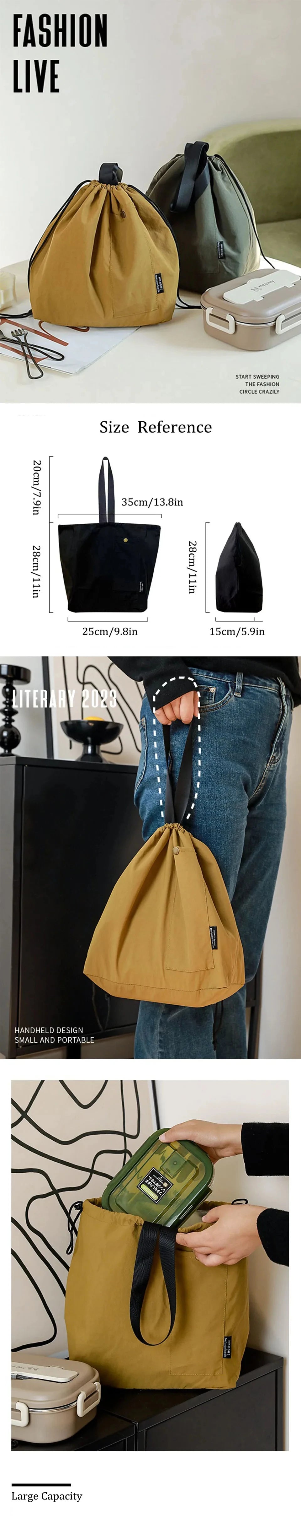 Japanese Korean Lunch Bag Cotton Canvas Large Solid Color Drawstring Portable Thermal Insulated Picnic Storage Bento Box Bag